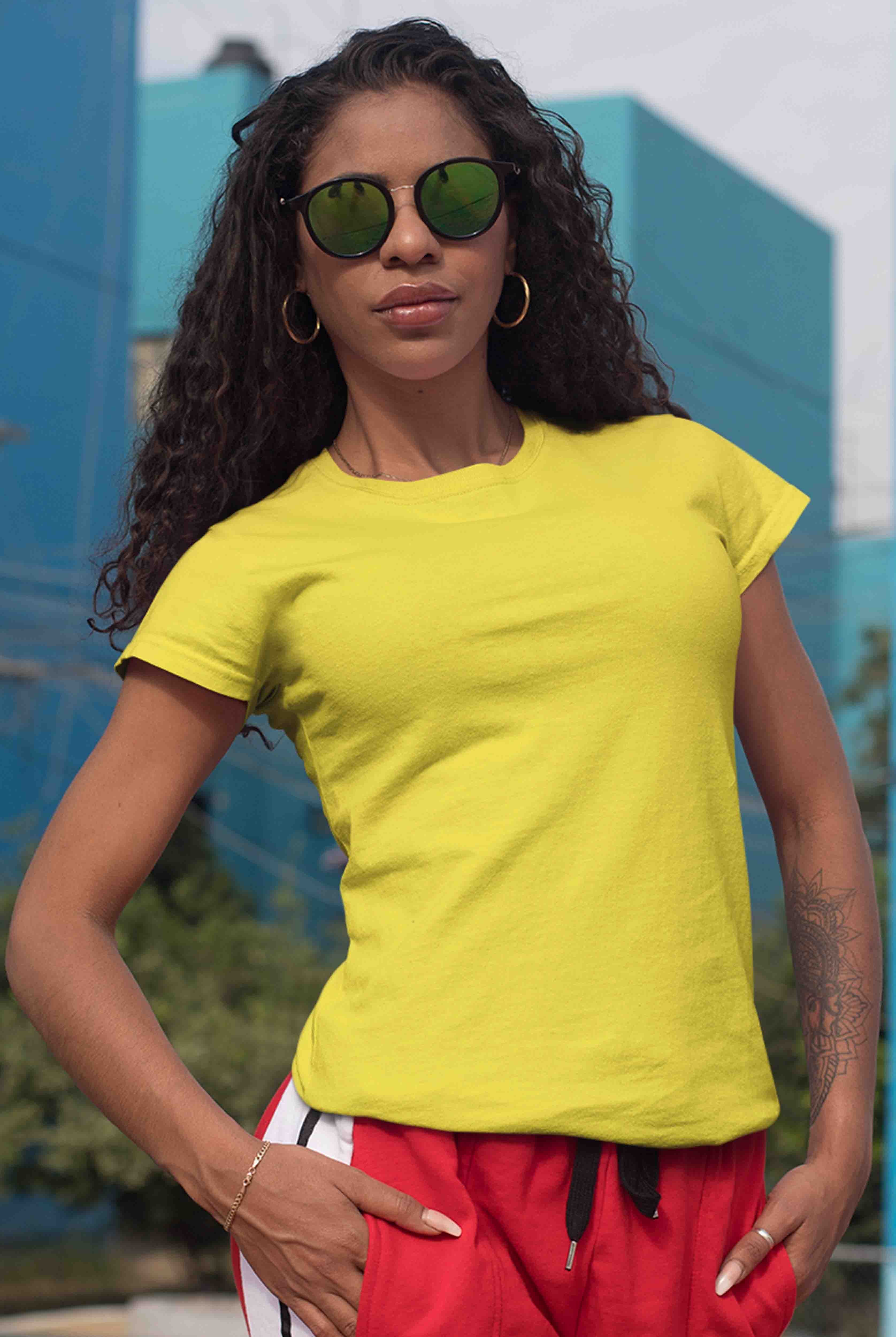 Women's Plain Light Yellow Cotton T-Shirt