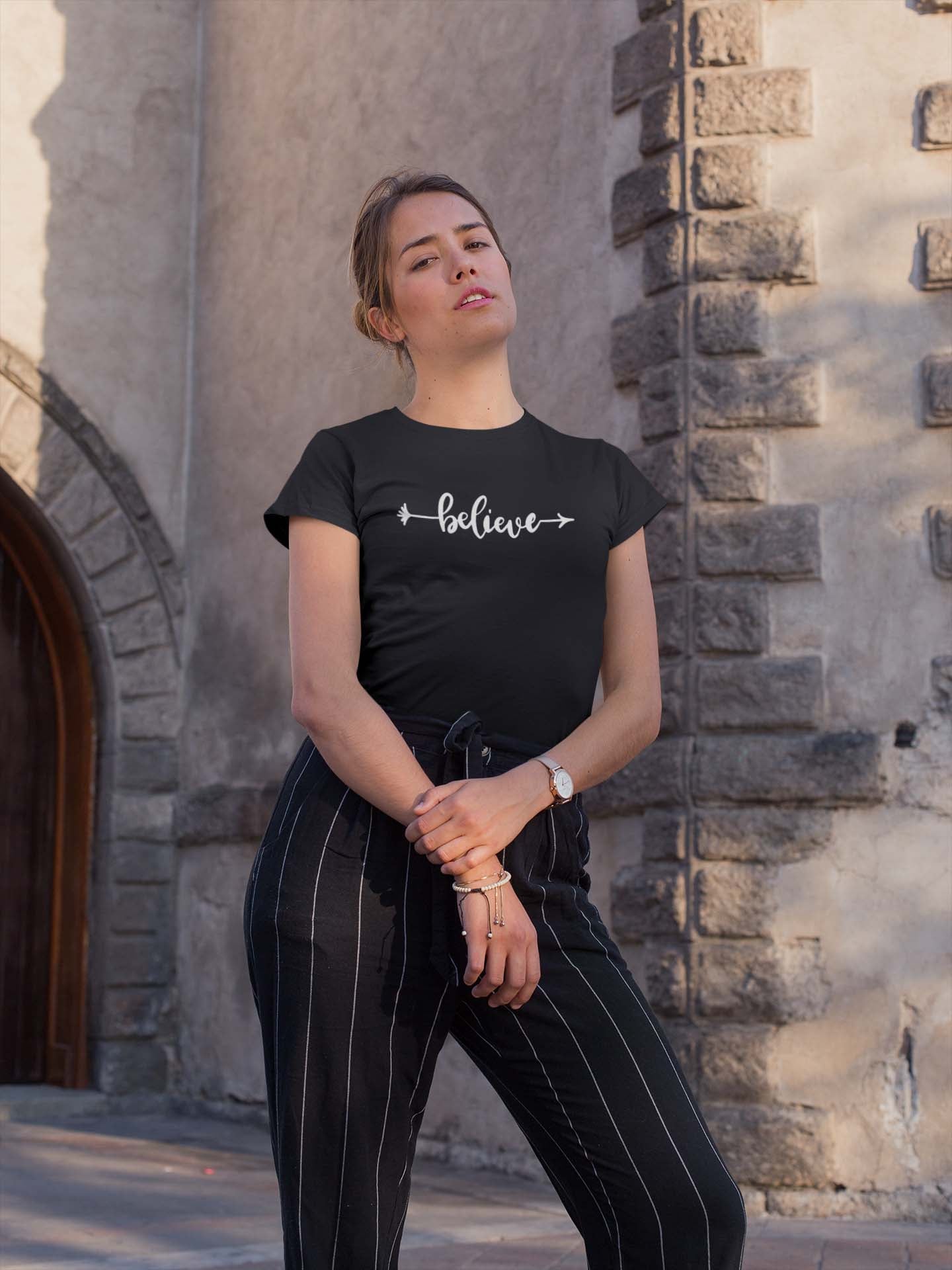 Believe Women's Black Cotton T-Shirt