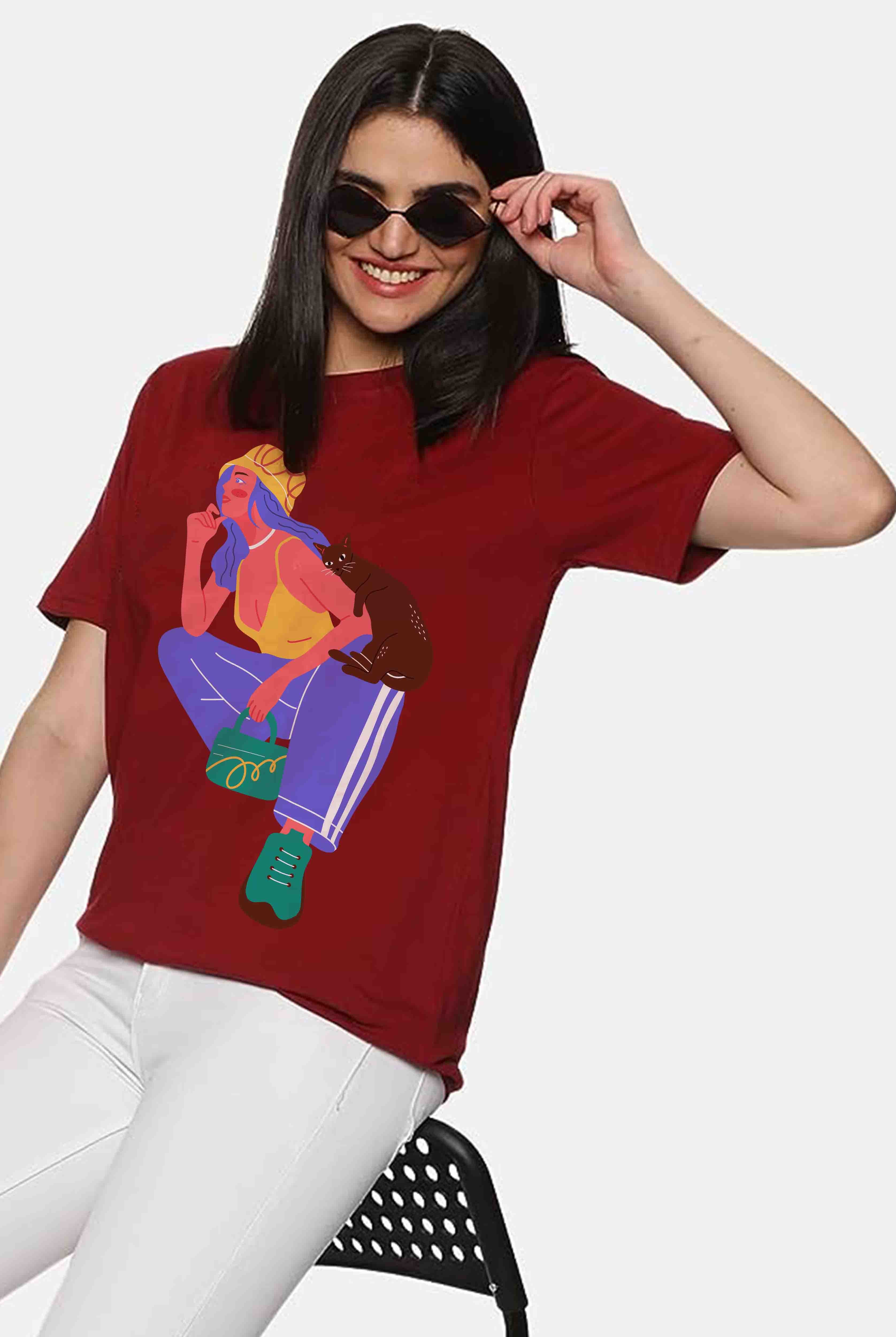 Cat Sitting on Girl Women's Maroon Oversized T-Shirt