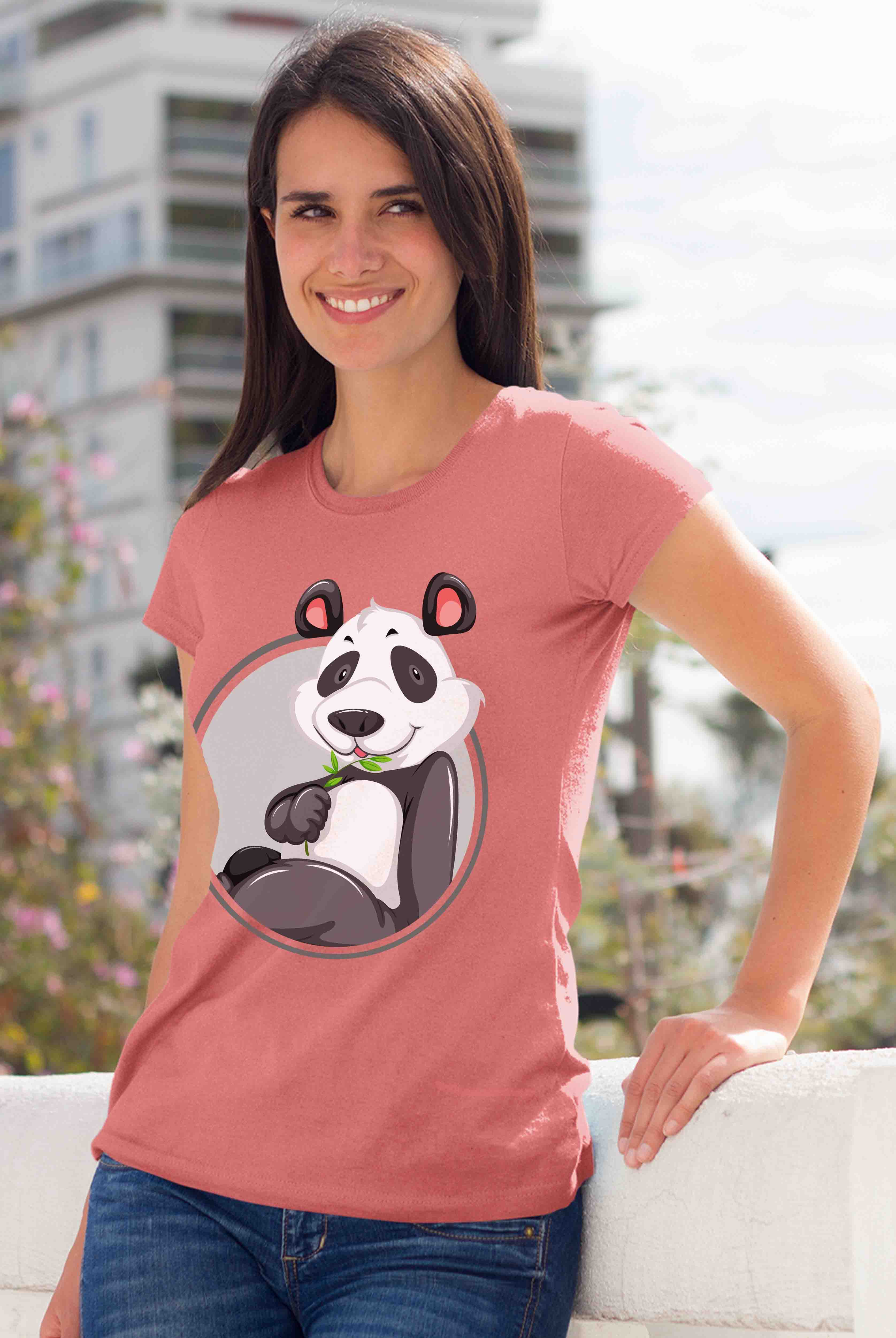 Panda Women's Peach Cotton T-Shirts