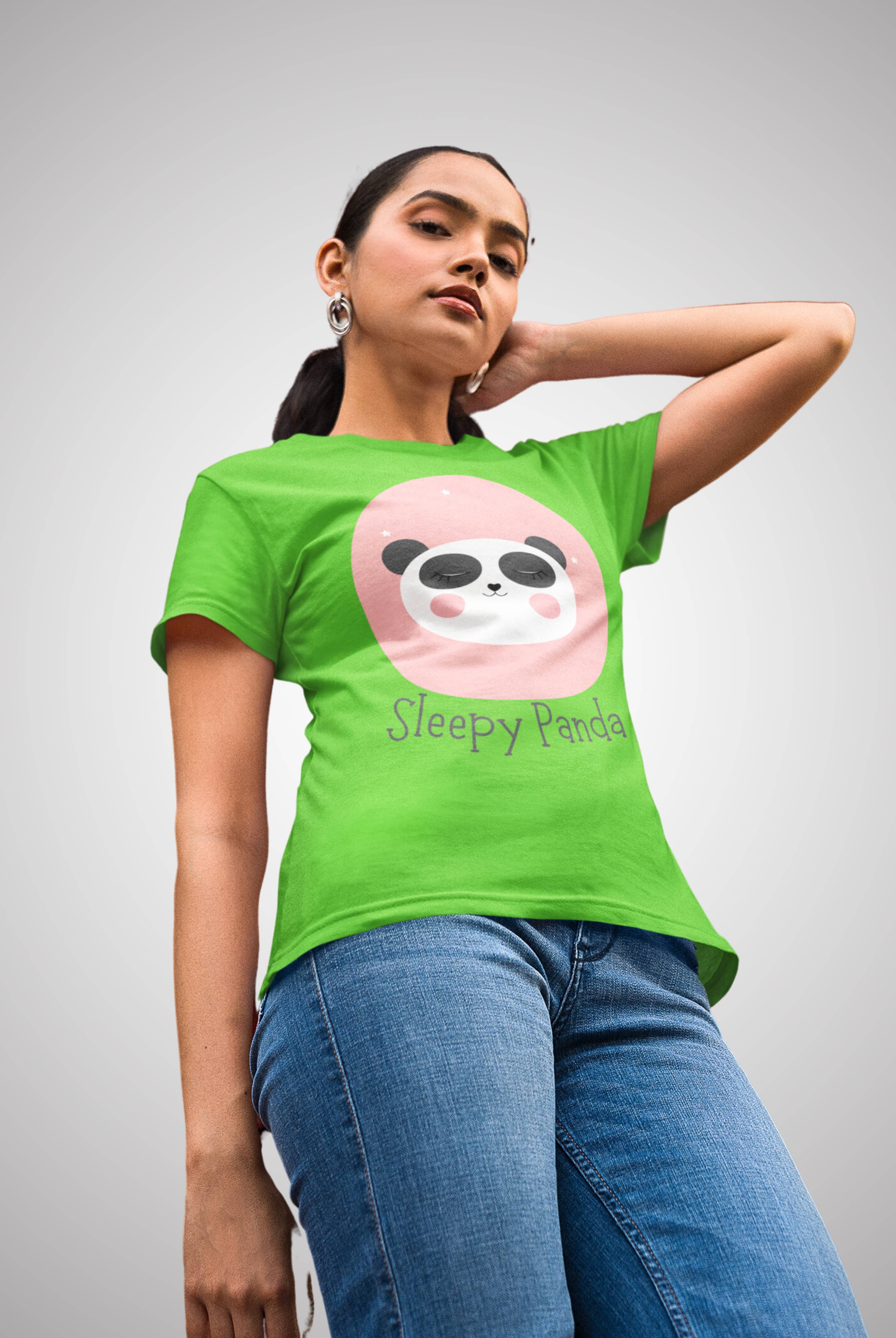 Sleepy Panda Women's Green Cotton T-Shirts