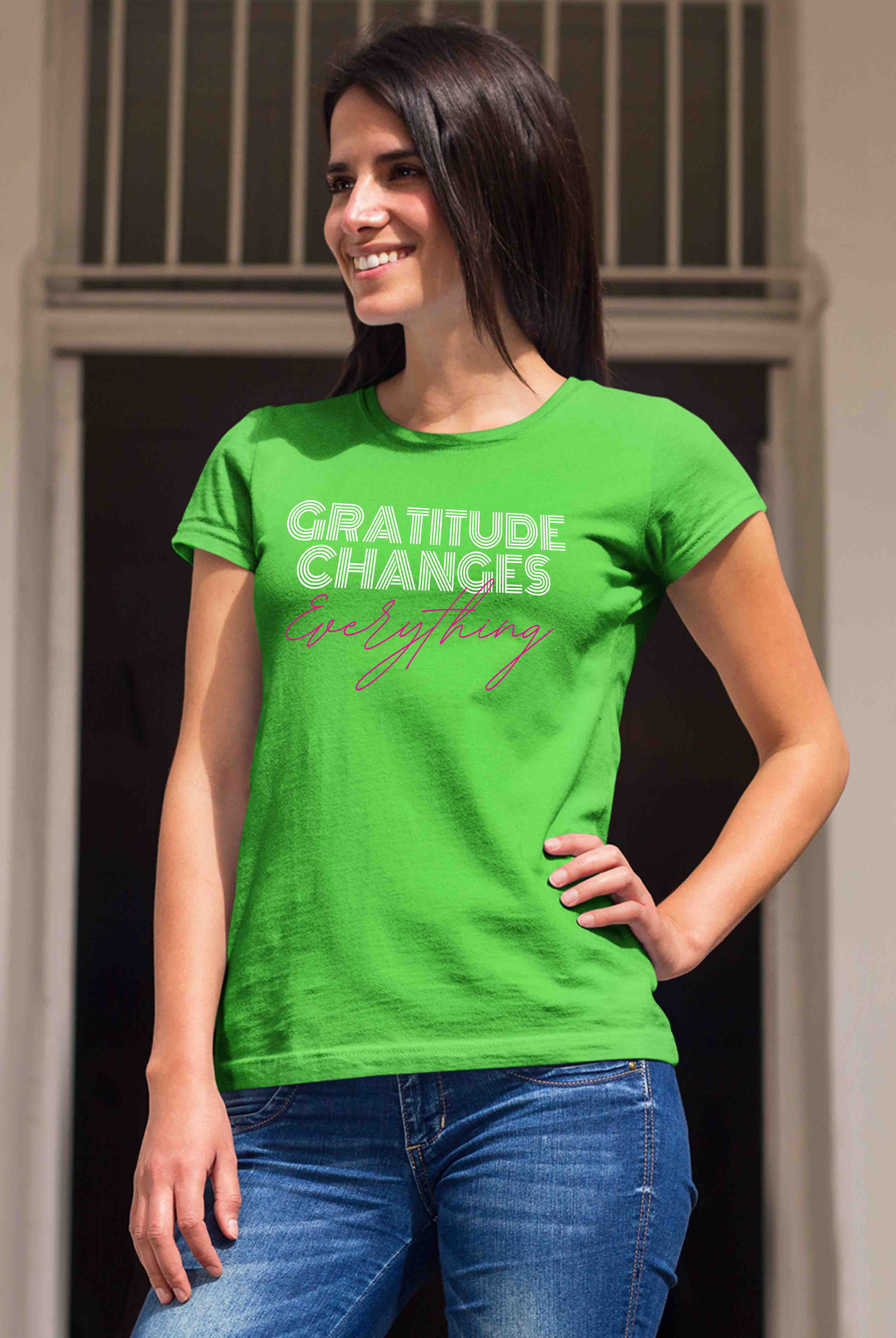 Gratitude Changes Women's Parrot Green Cotton T-Shirt