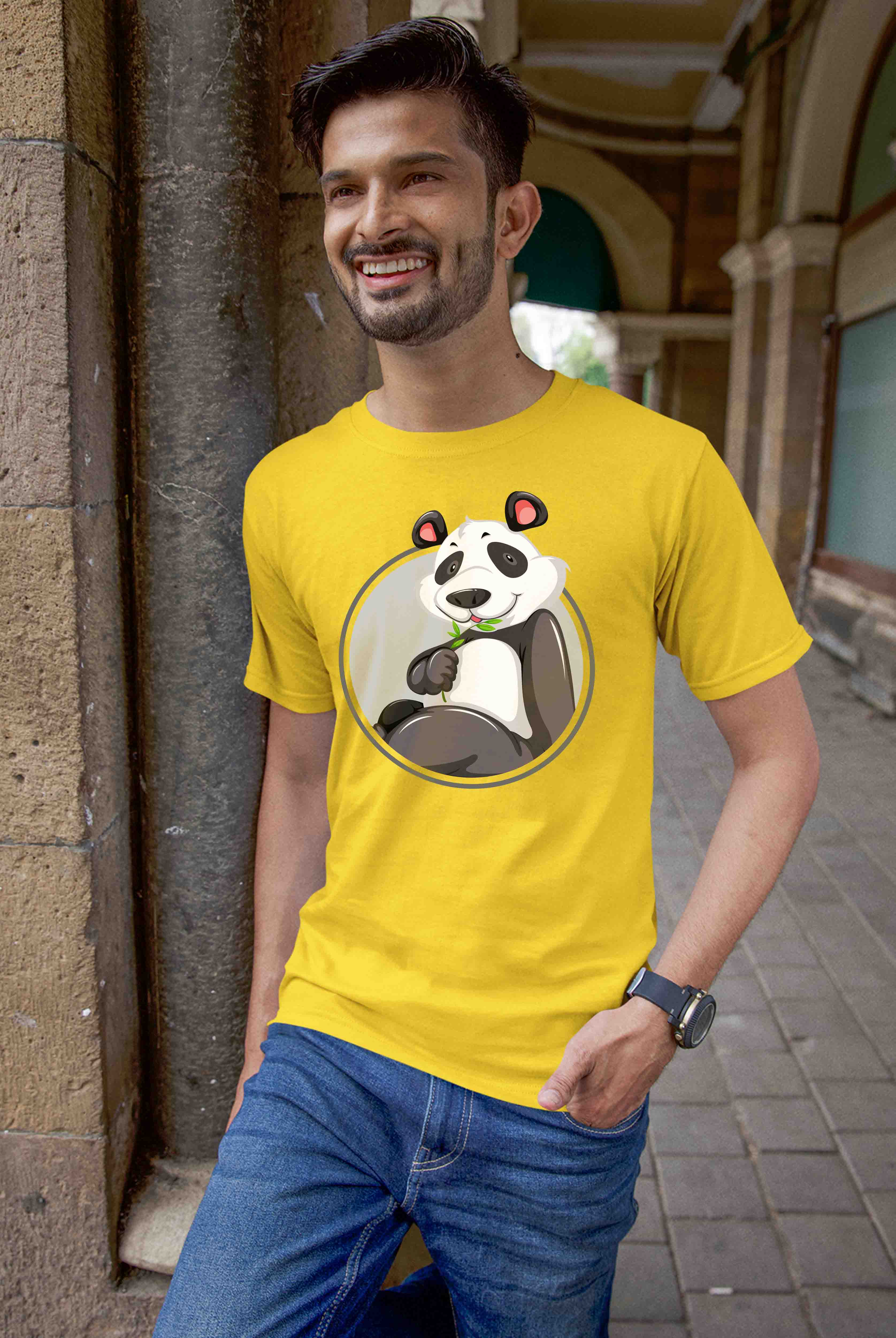 Panda Men's Yellow Cotton T-Shirt