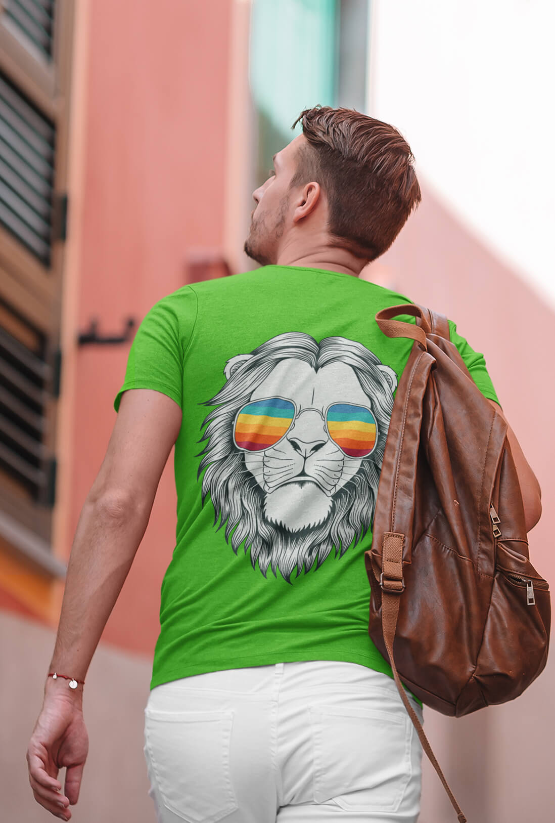 Lion Men's Parrot Green Back Printed T-Shirts