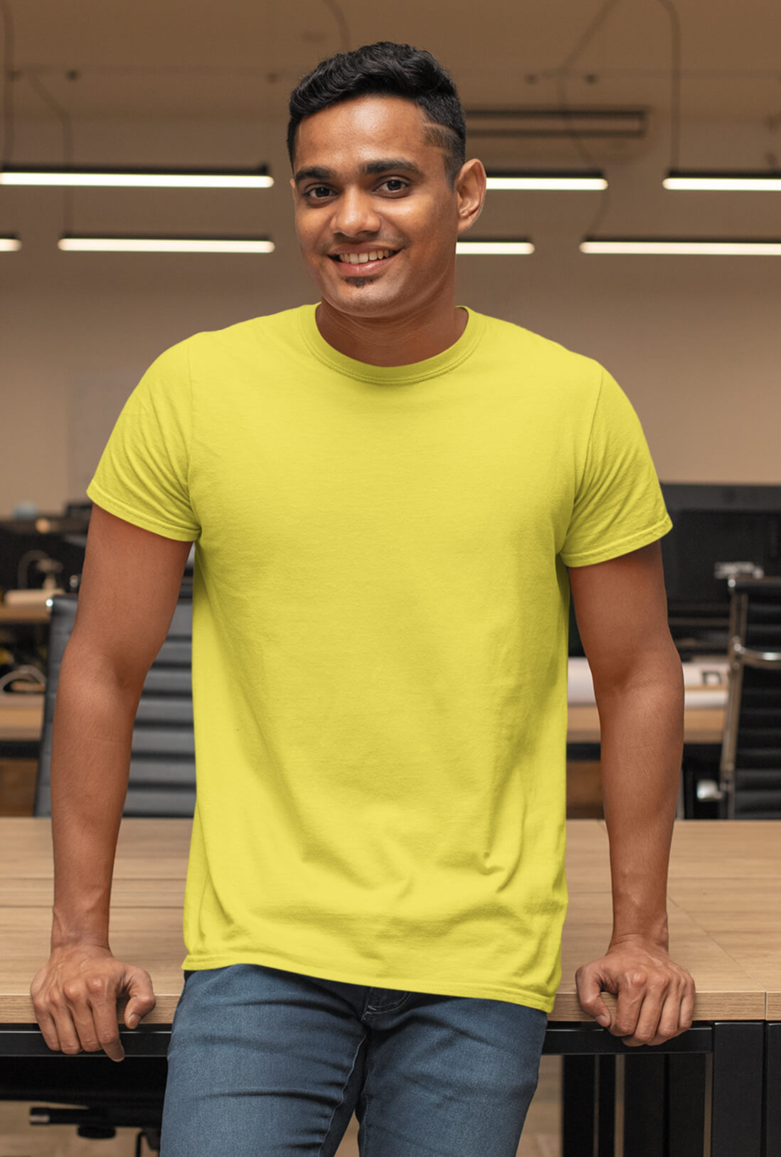 Men's Plain Cheerful Yellow Cotton T-Shirt