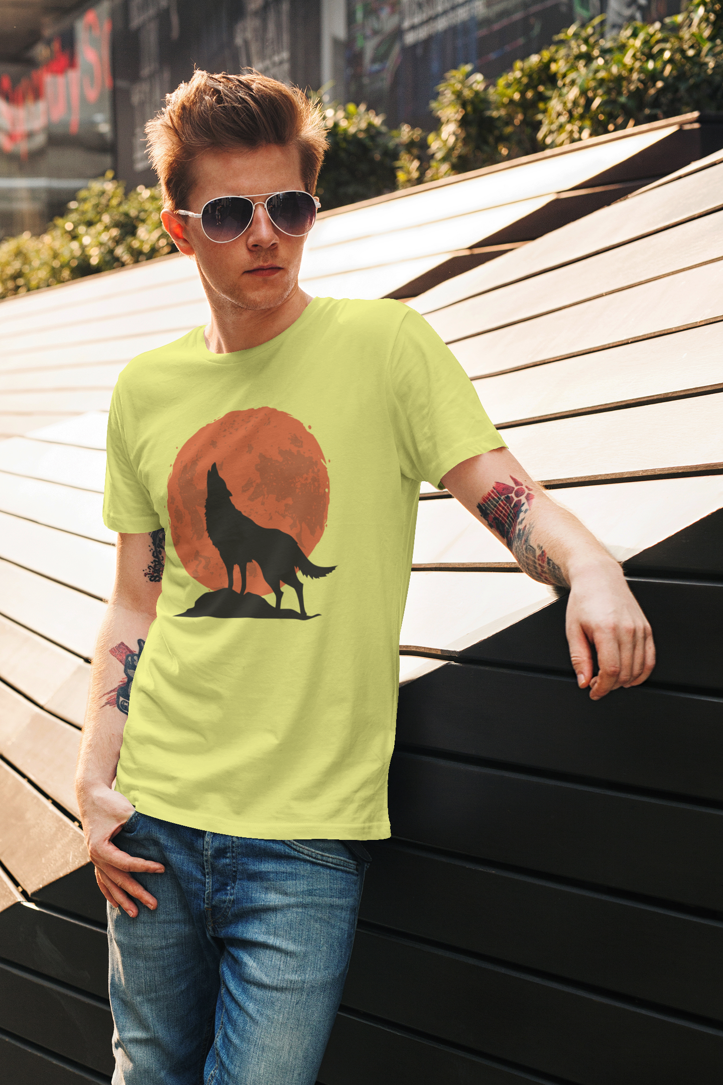 Red Moon With Wolf Men's Cotton T-Shirt